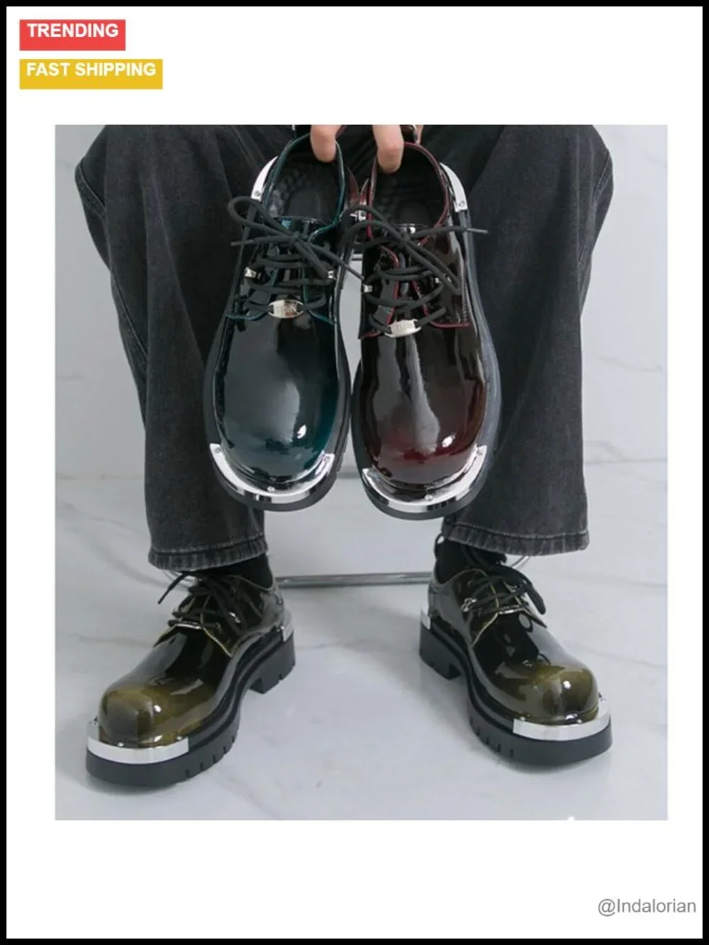Men's Patent Leather Gradient Metal-Plate Platform Oxfords Non Slip Lug Sole
